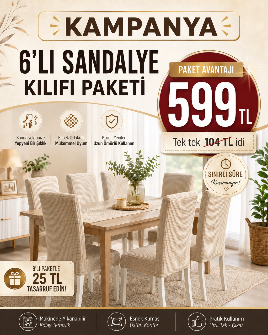 6 Adet Sandalye Kılıf
