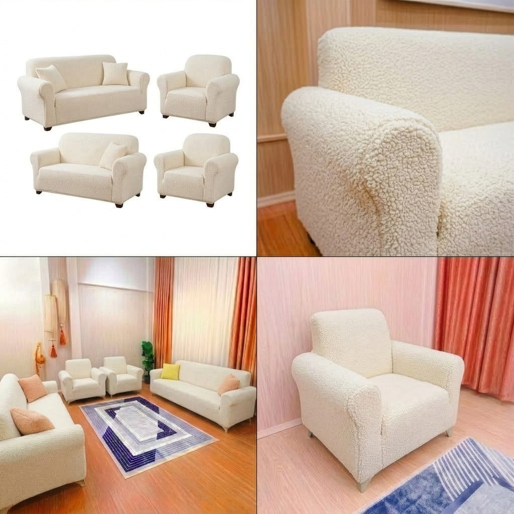 ELGEYAR Jakarlı Bohem 3+3+1+1 Koltuk Örtüsü Takımı - Krem