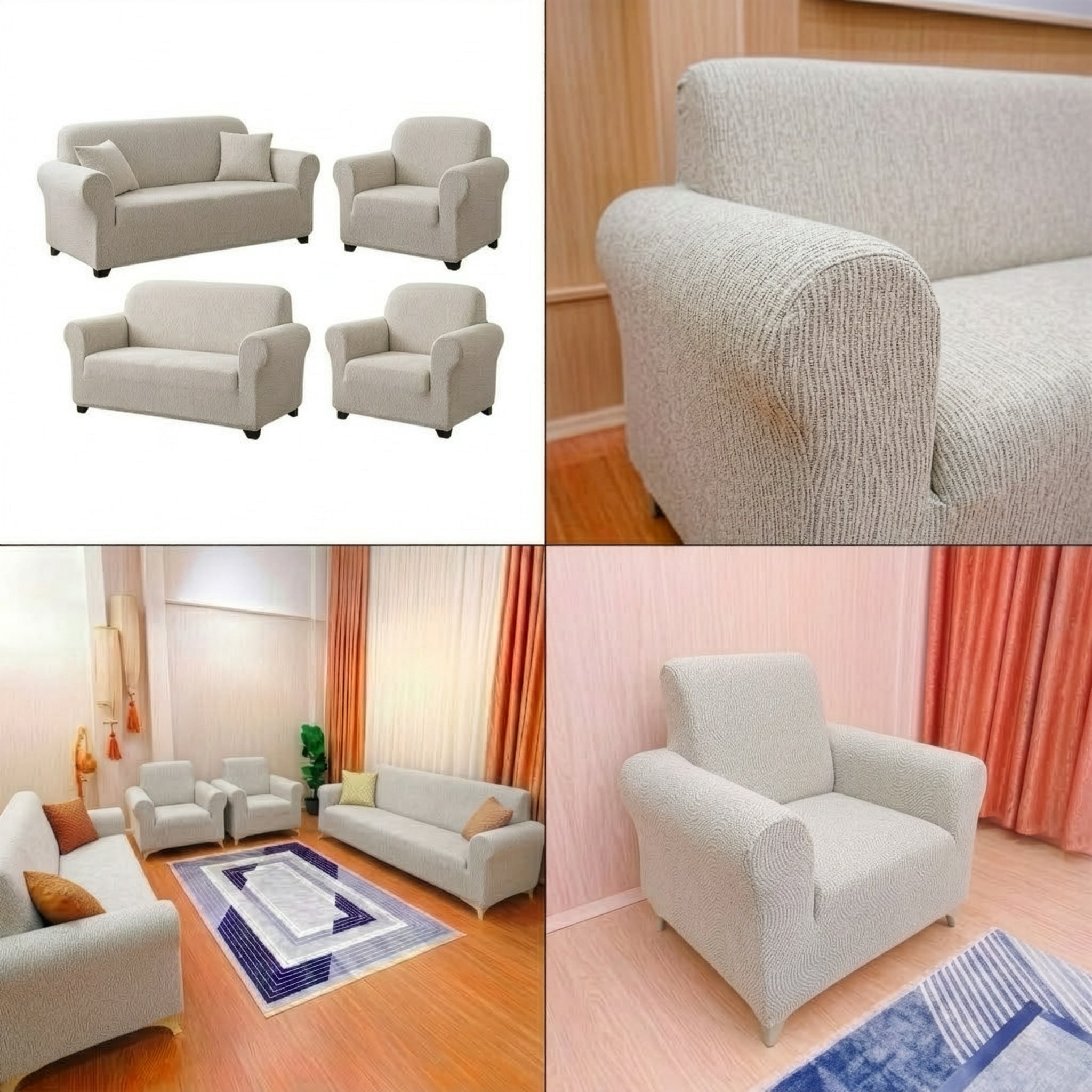ELGEYAR Jakarlı Ağaç Kabuğu 3+3+1+1 Koltuk Örtüsü Takımı - Krem