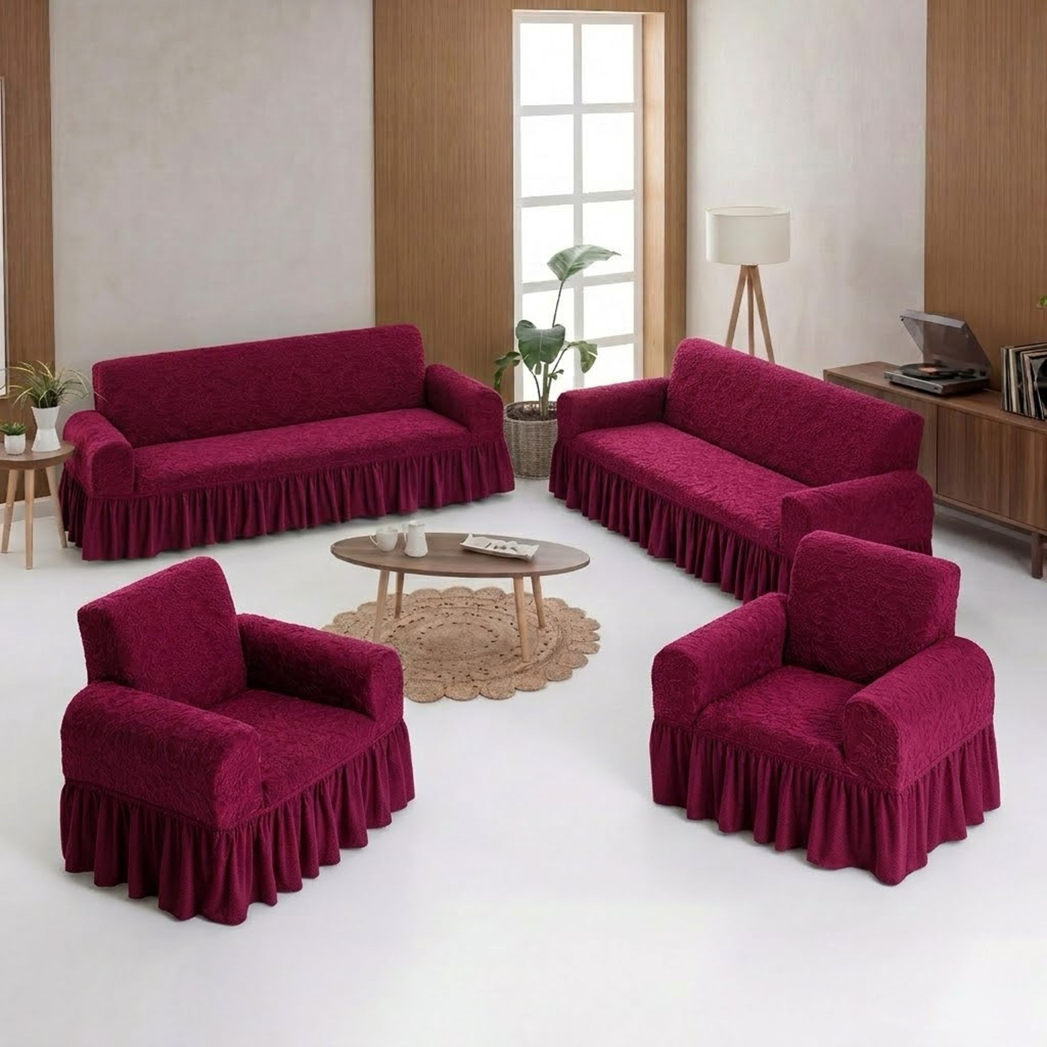 ELGEYAR Jakarlı Şal Desen 3+3+1+1 Koltuk Örtüsü Takımı - Bordo