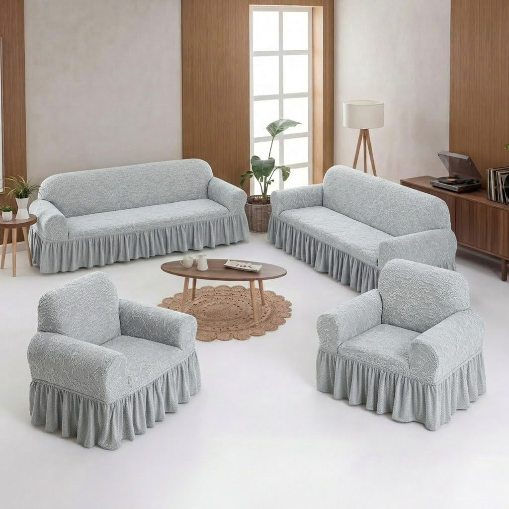 ELGEYAR Jakarlı Şal Desen 3+3+1+1 Koltuk Örtüsü Takımı - Gri