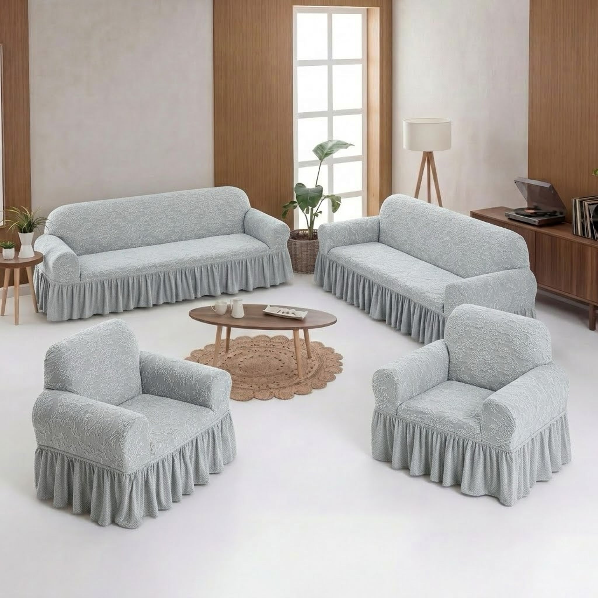 ELGEYAR Jakarlı Şal Desen 3+3+1+1 Koltuk Örtüsü Takımı - Gri