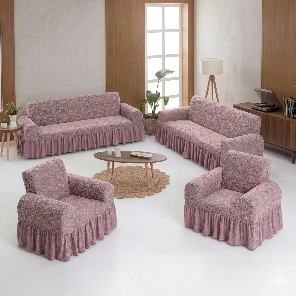 ELGEYAR Jakarlı Şal Desen 3+3+1+1 Koltuk Örtüsü Takımı - Pudra