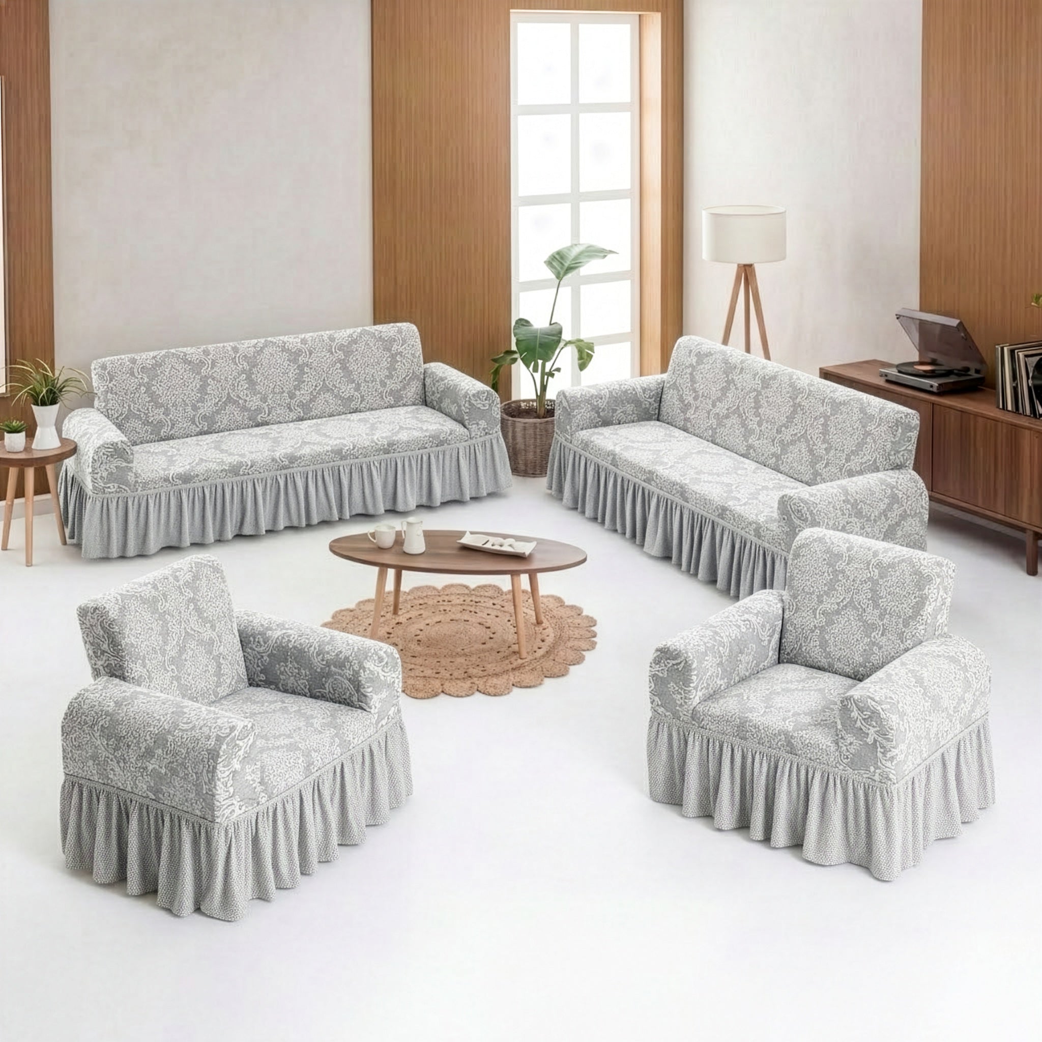 ELGEYAR Jakarlı Şal Desen 3+3+1+1 Koltuk Örtüsü Takımı - Taş Gri