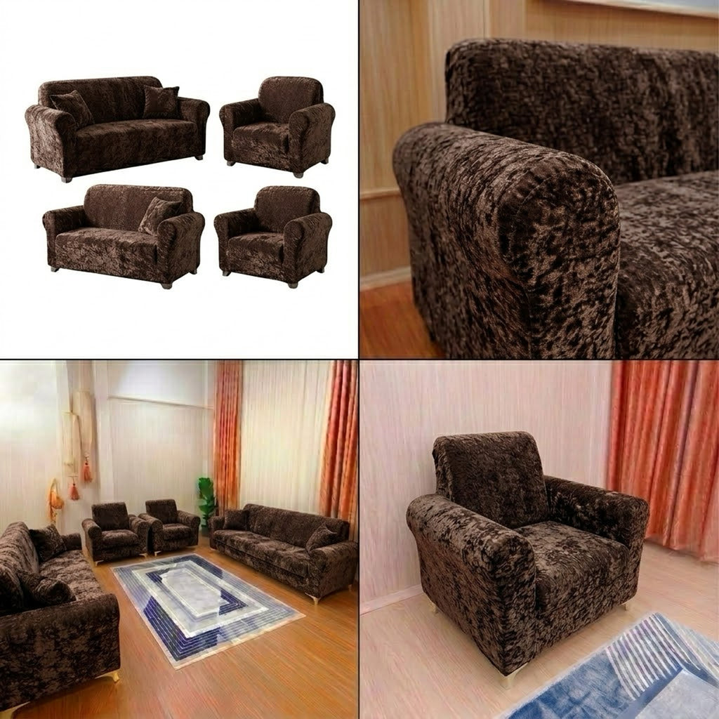 ELGEYAR Kadife 3+3+1+1 Koltuk Örtüsü Takımı - Kahve