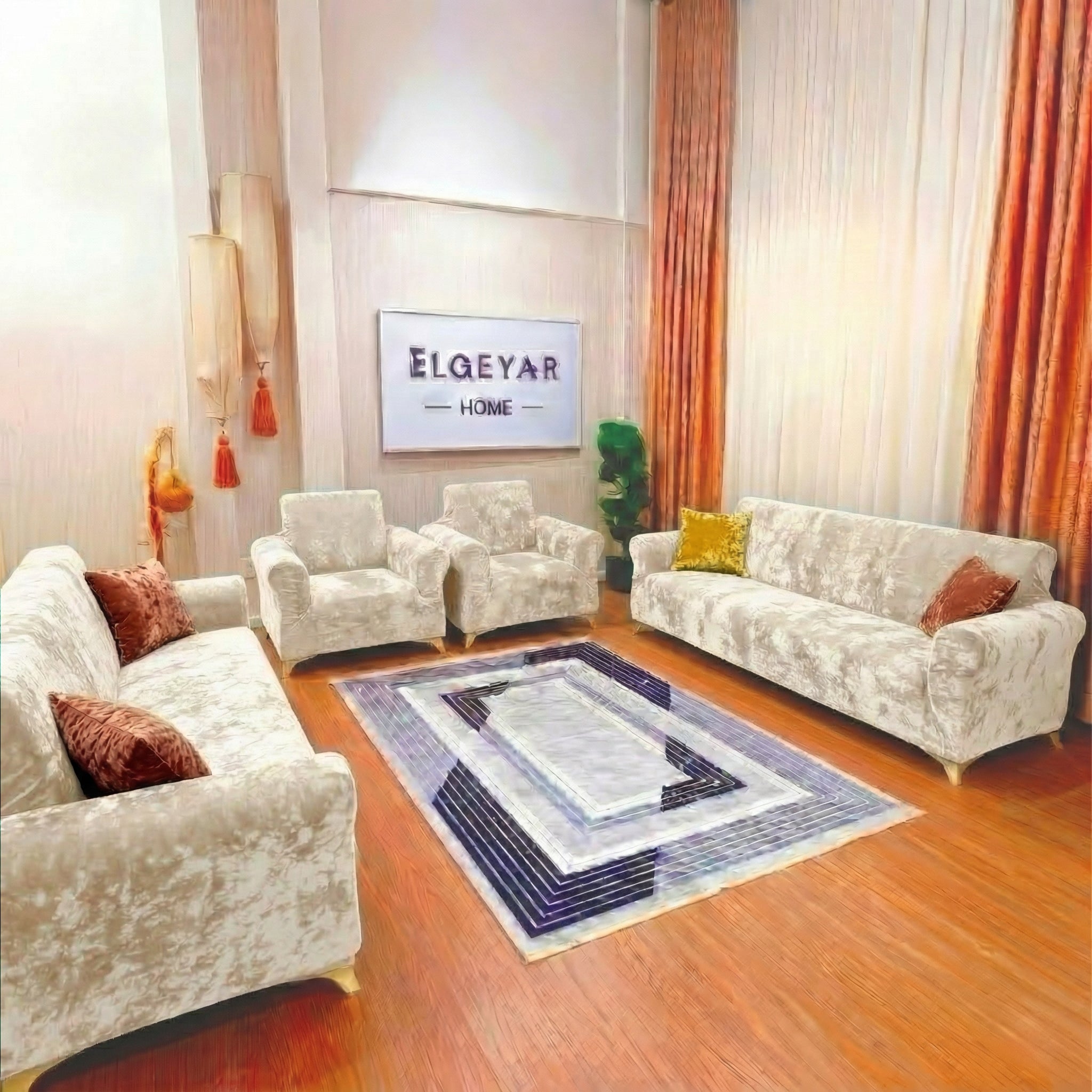 ELGEYAR Kadife 3+3+1+1 Koltuk Örtüsü Takımı - krem