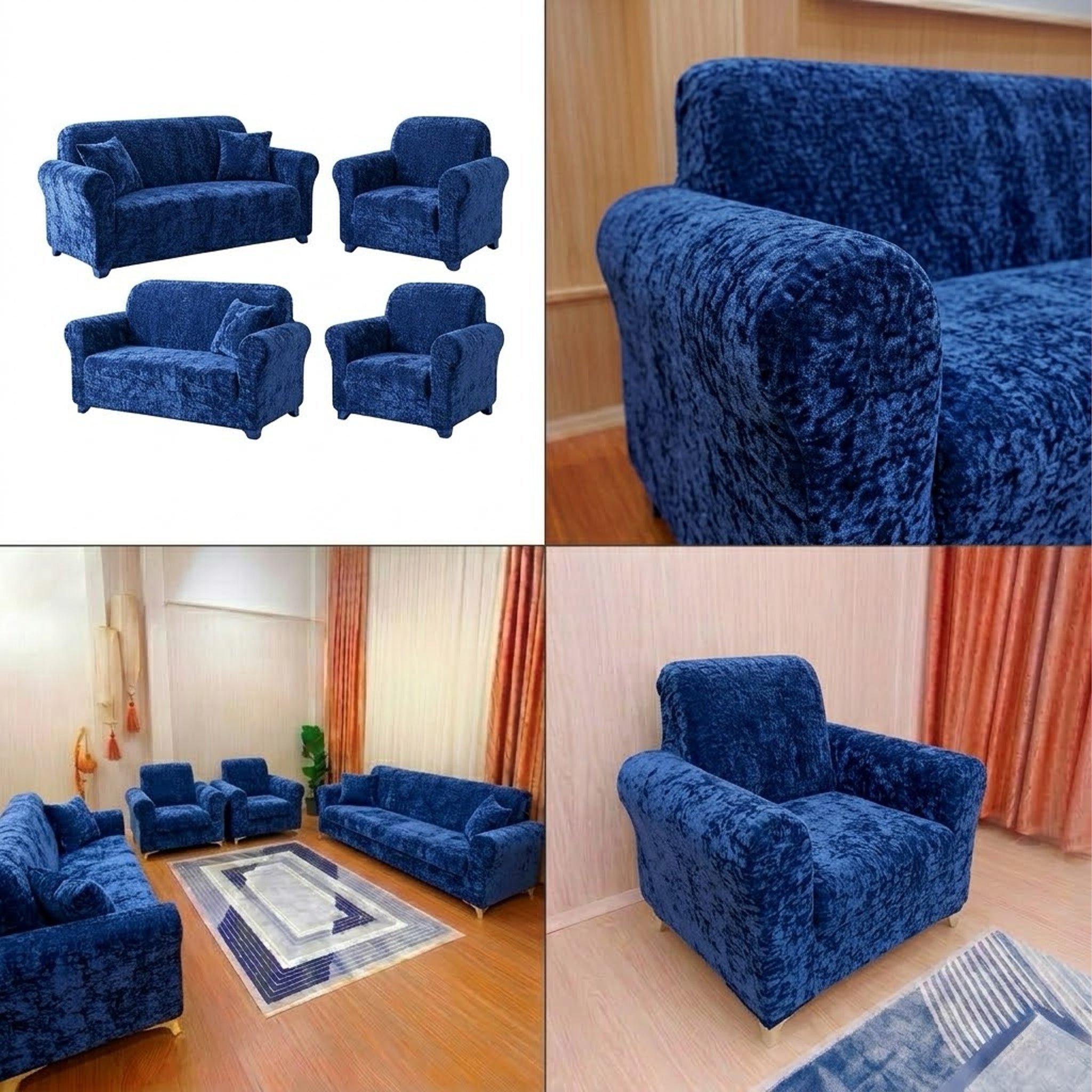 ELGEYAR Kadife 3+3+1+1 Koltuk Örtüsü Takımı - Lacivert