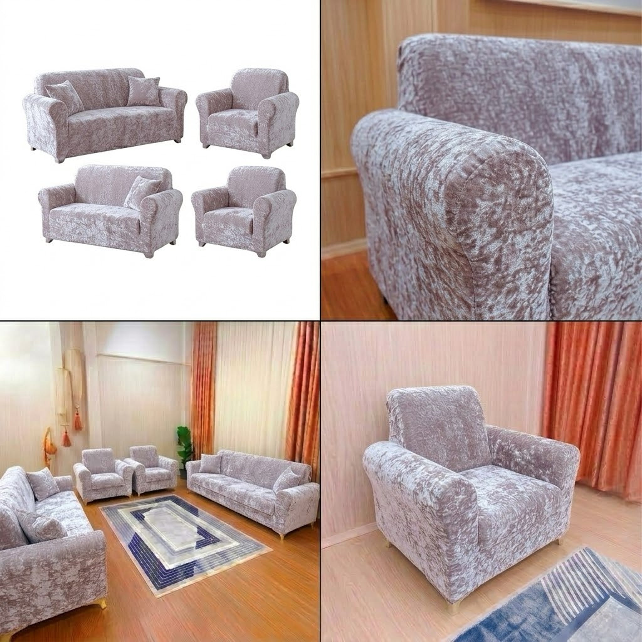 ELGEYAR Kadife 3+3+1+1 Koltuk Örtüsü Takımı - Pudra