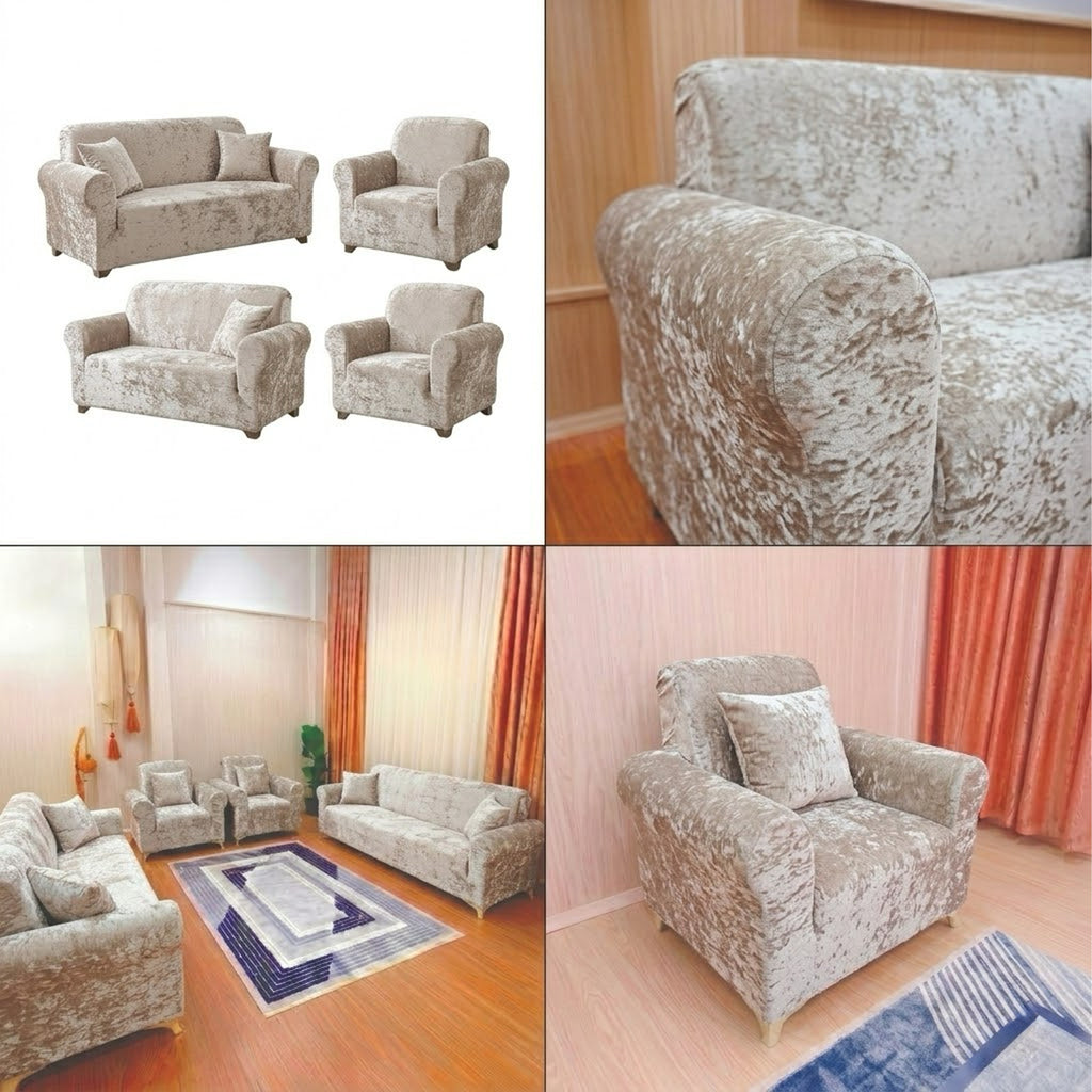 ELGEYAR Kadife 3+3+1+1 Koltuk Örtüsü Takımı - Vizon