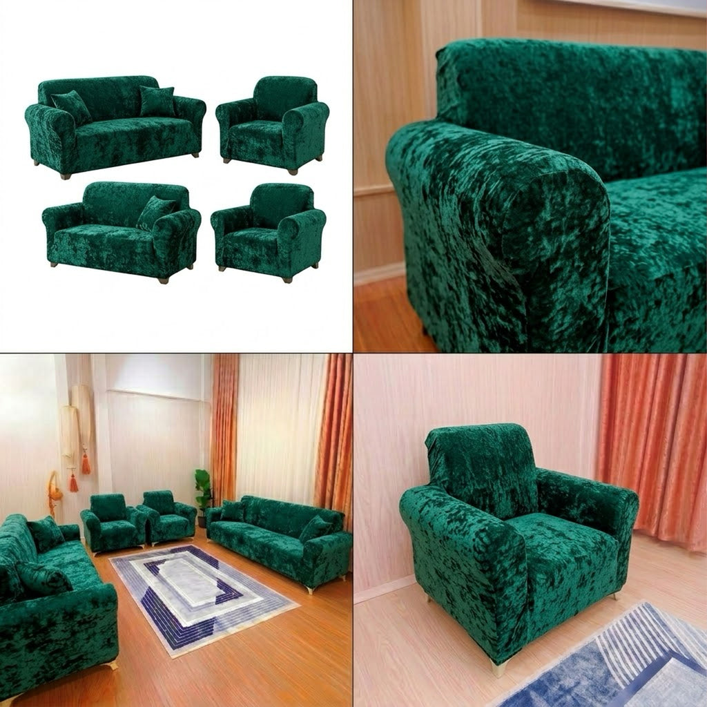 ELGEYAR Kadife 3+3+1+1 Koltuk Örtüsü Takımı - Yeşil