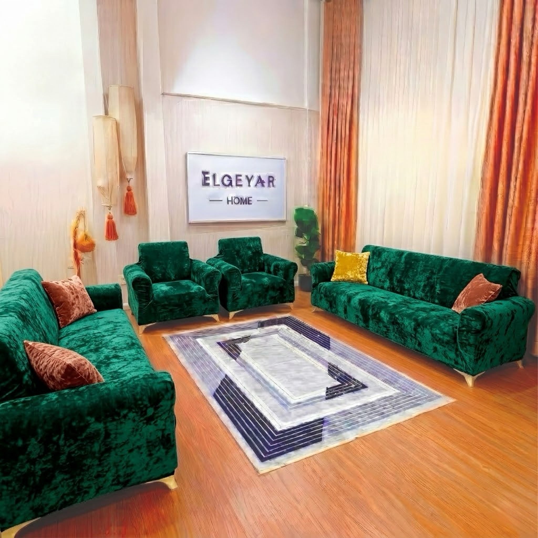 ELGEYAR Kadife 3+3+1+1 Koltuk Örtüsü Takımı - Yeşil