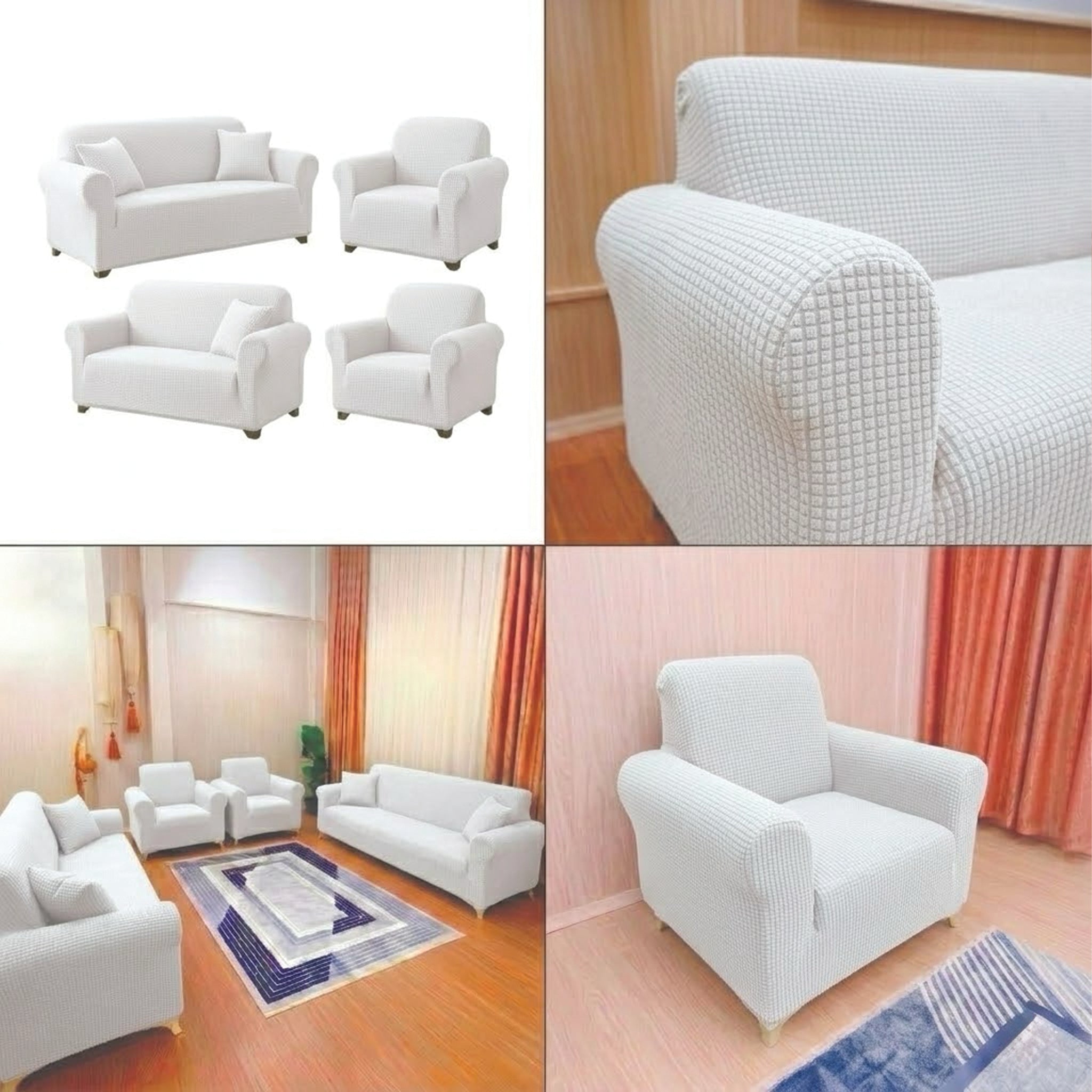 ELGEYAR Likralı Pitikare 3+3+1+1 Koltuk Örtüsü Takımı - Beyaz