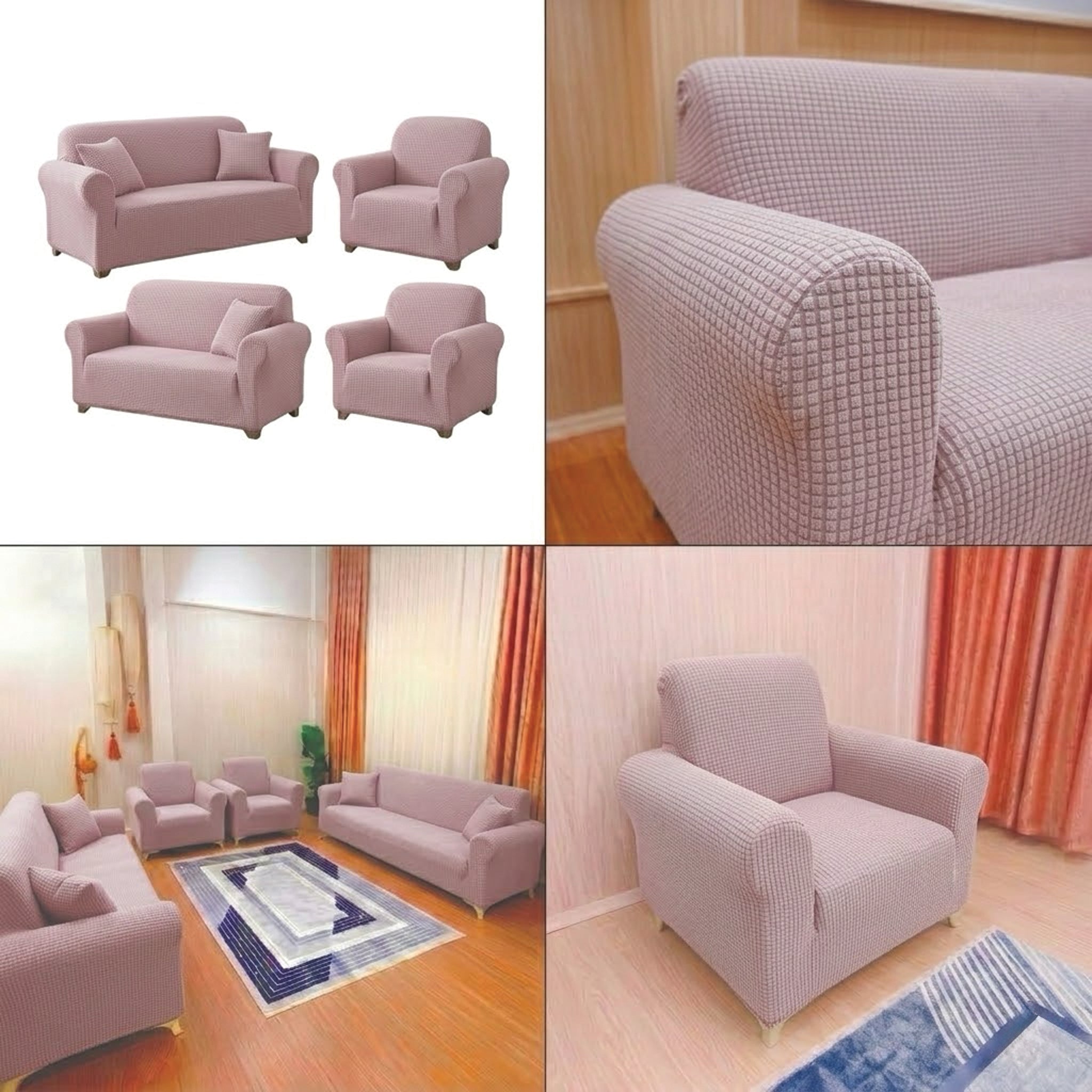 ELGEYAR Likralı Pitikare 3+3+1+1 Koltuk Örtüsü Takımı - Pudra