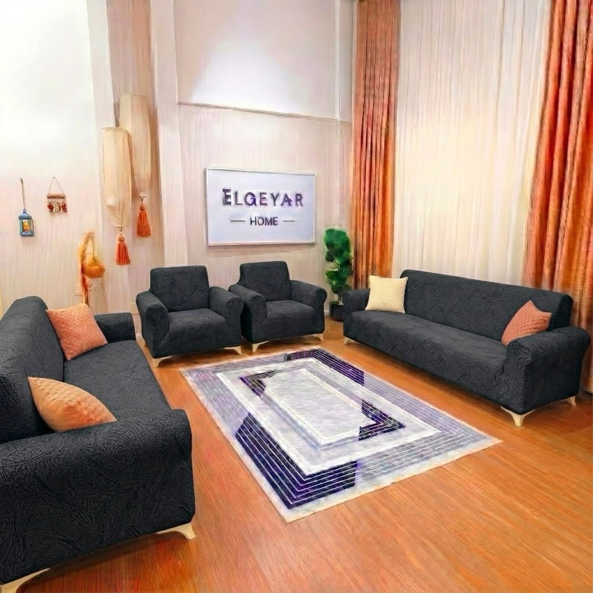 ELGEYAR Sehra Desen 3+3+1+1 Koltuk Örtüsü Takımı - Antrasit