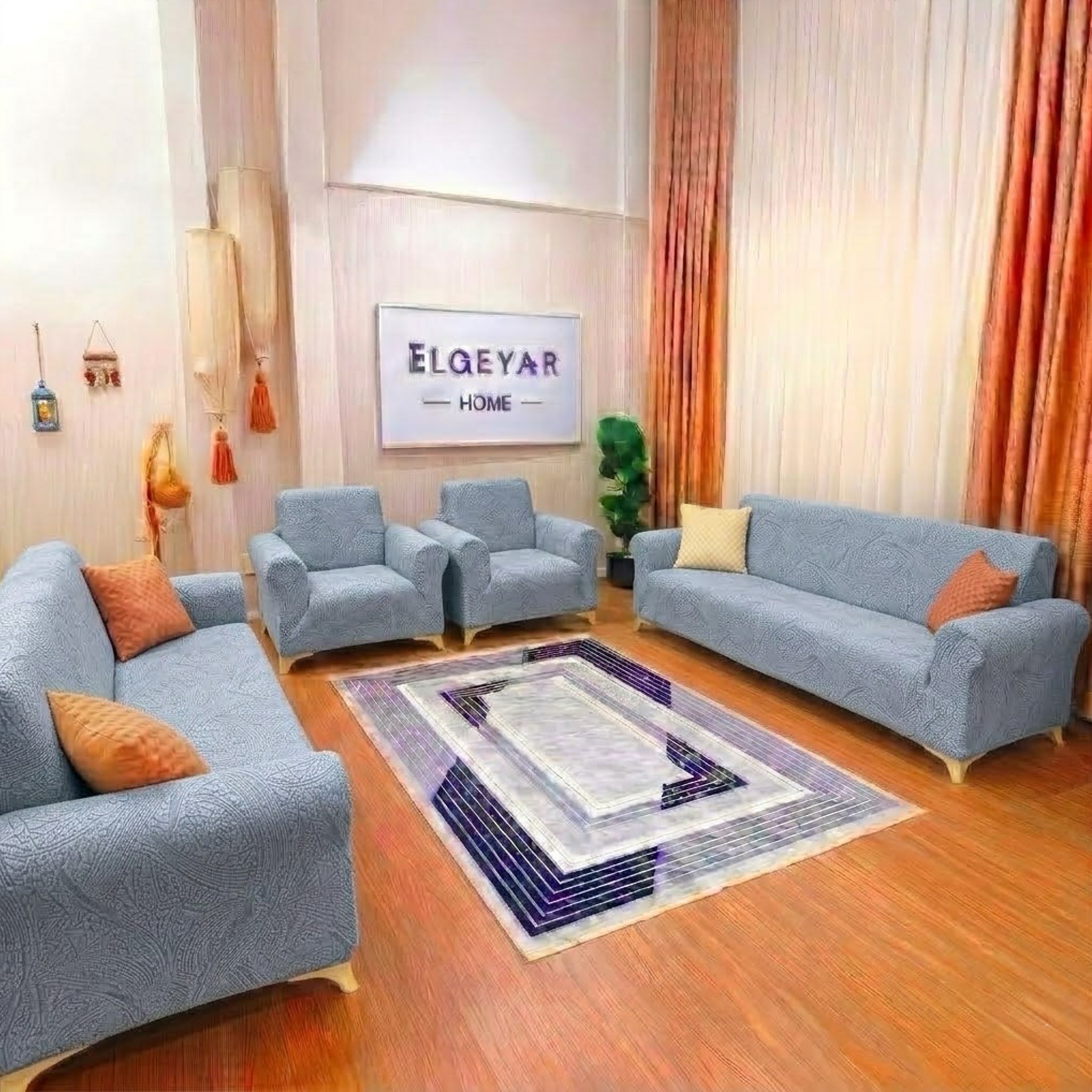 ELGEYAR Sehra Desen 3+3+1+1 Koltuk Örtüsü Takımı - Gri