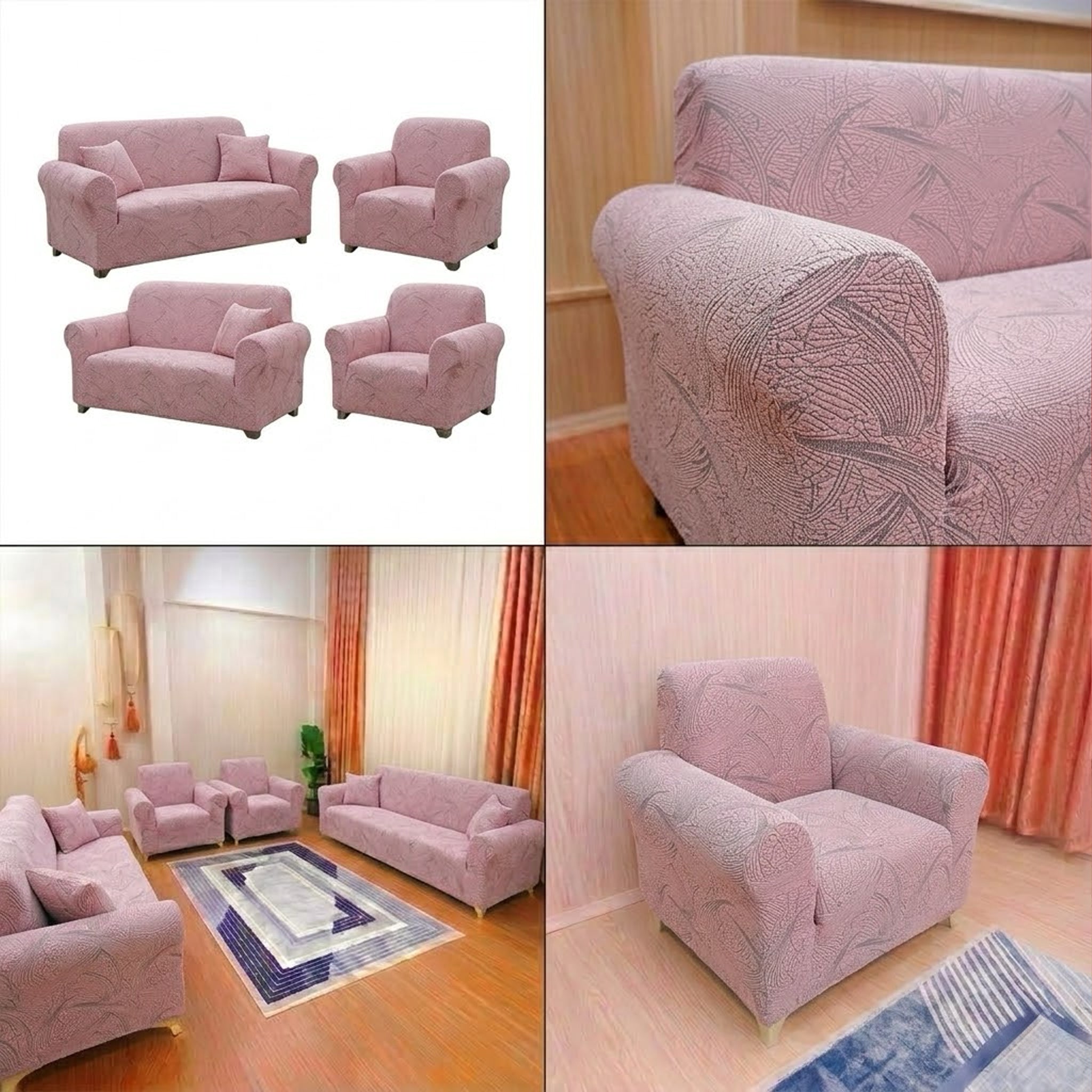 ELGEYAR Sehra Desen 3+3+1+1 Koltuk Örtüsü Takımı - Pudra