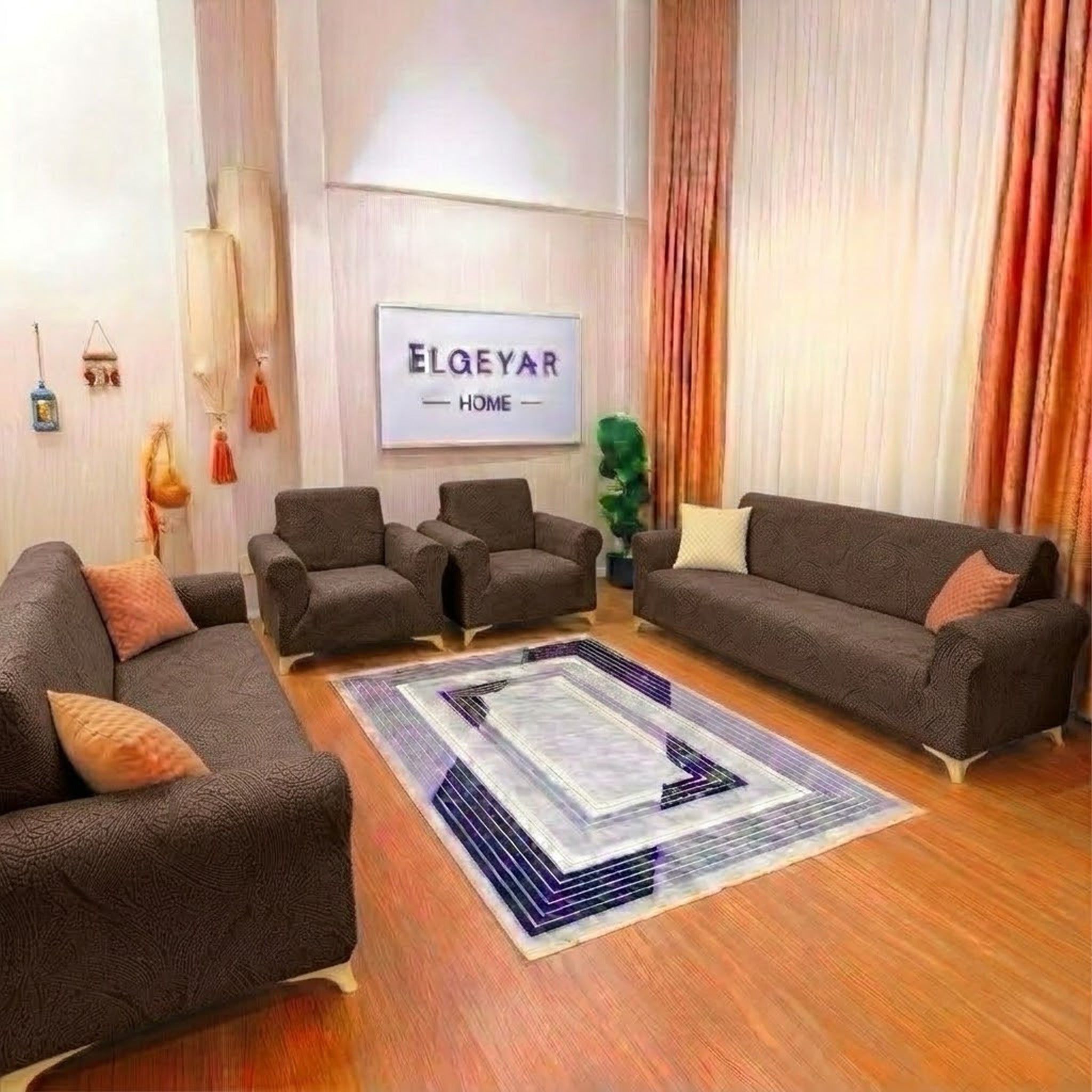 ELGEYAR Sehra Desen 3+3+1+1 Koltuk Örtüsü Takımı - Vizon